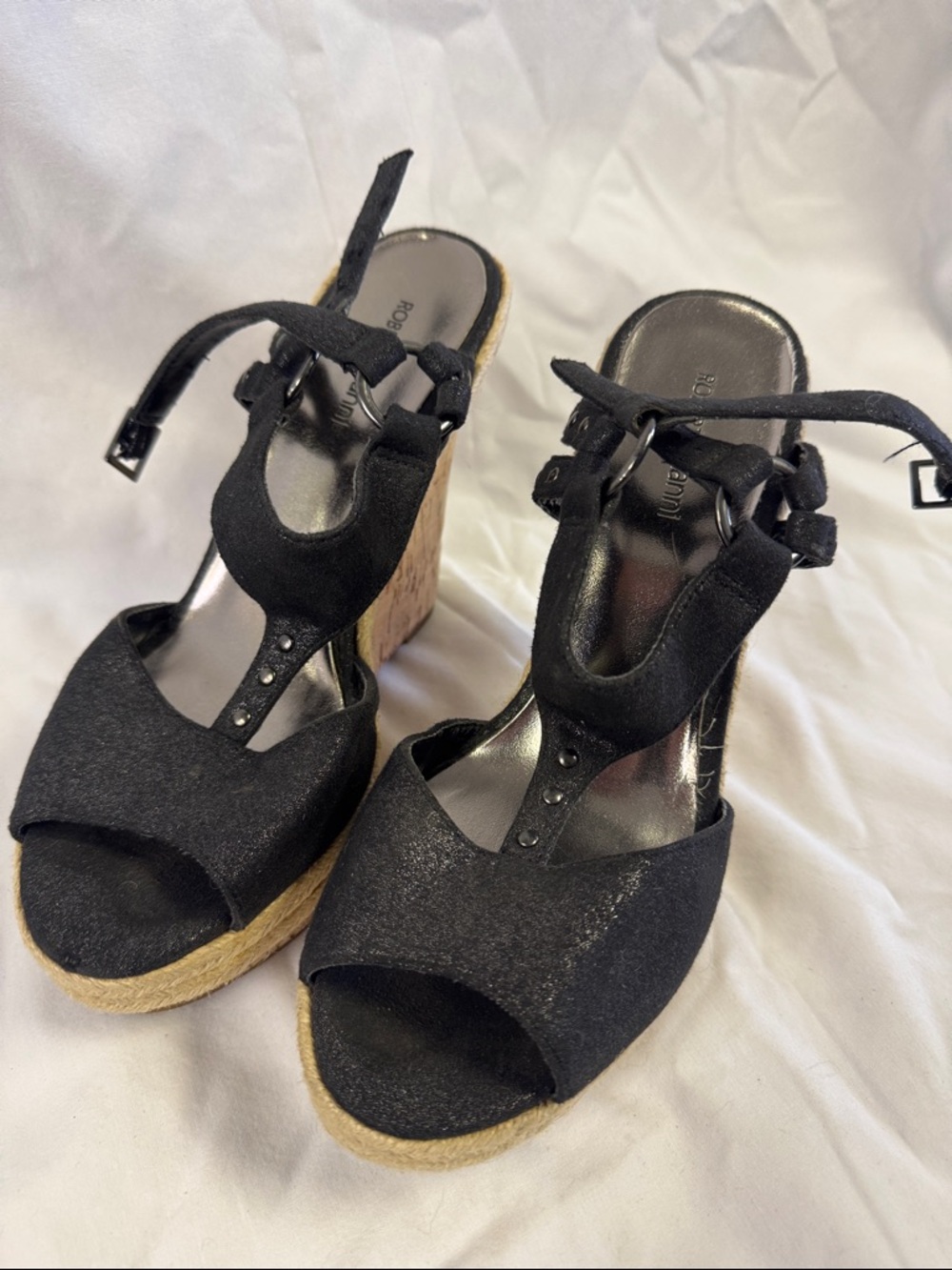 Roger Vivier Black Suede Espadrille Wedge Sandals with Ankle Tie